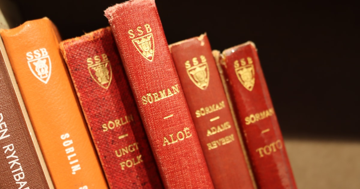 a row of red books sitting on top of a shelf