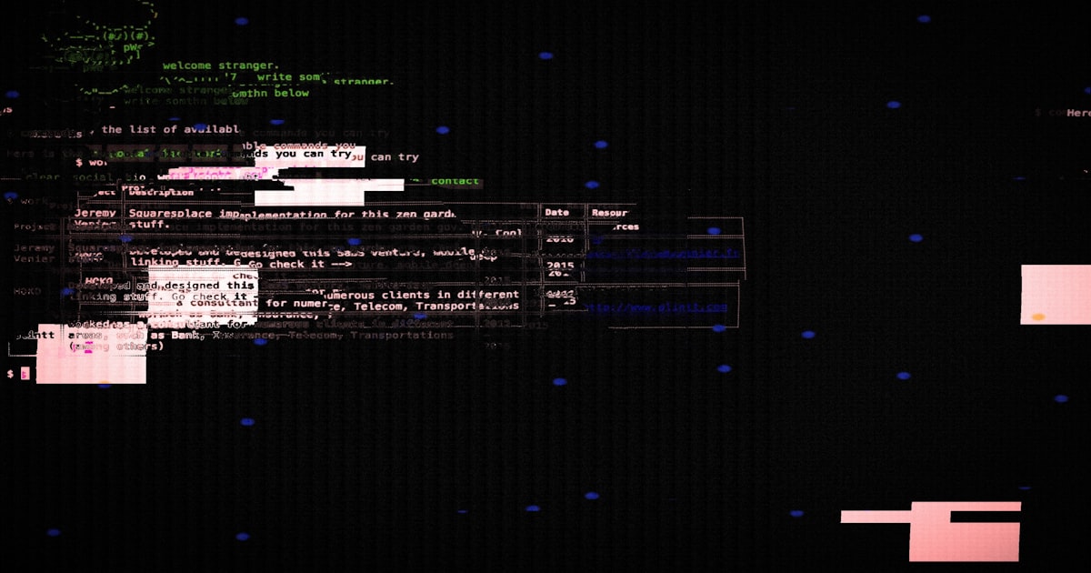 Abstract digital art with glitch effects and text.