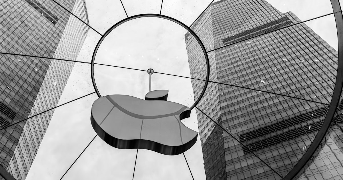 A black and white photo of the apple logo