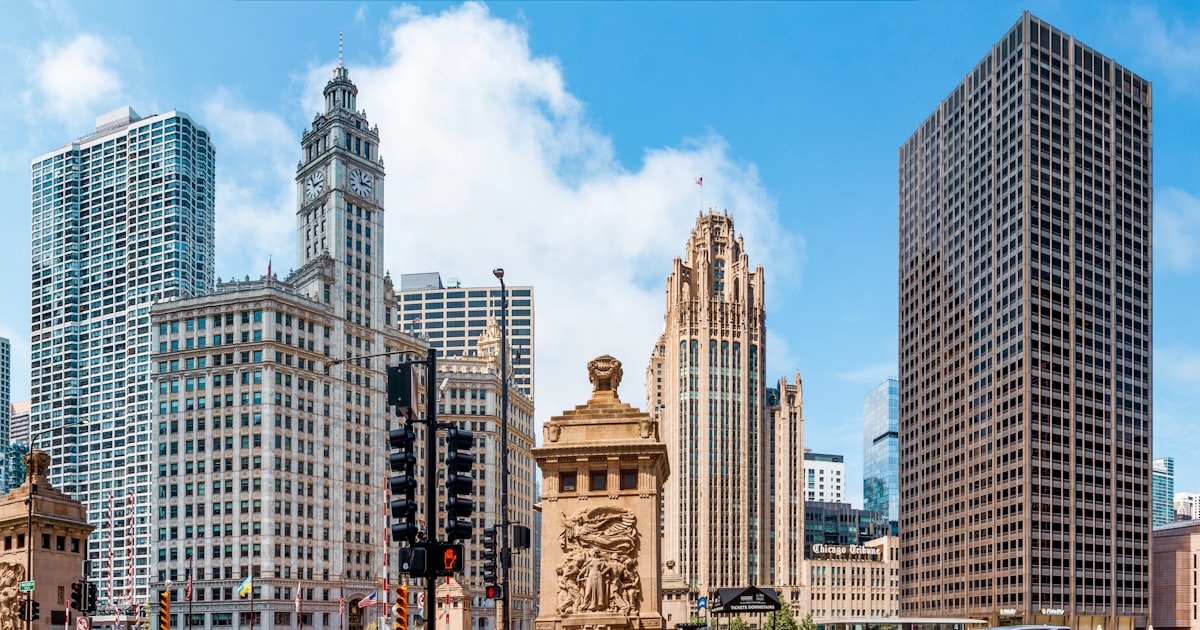 A picture of a city with tall buildings