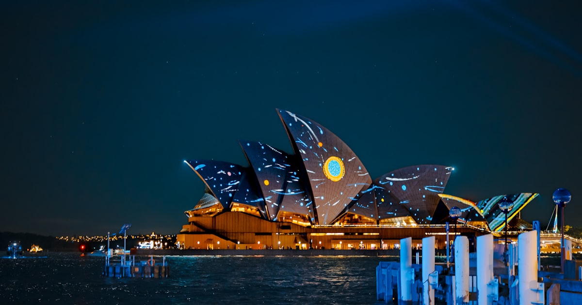 a building with lights on at night