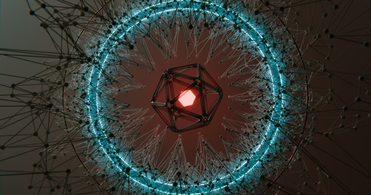 Abstract geometric shape with glowing red center and blue ring
