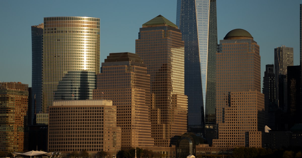 a city skyline with tall buildings