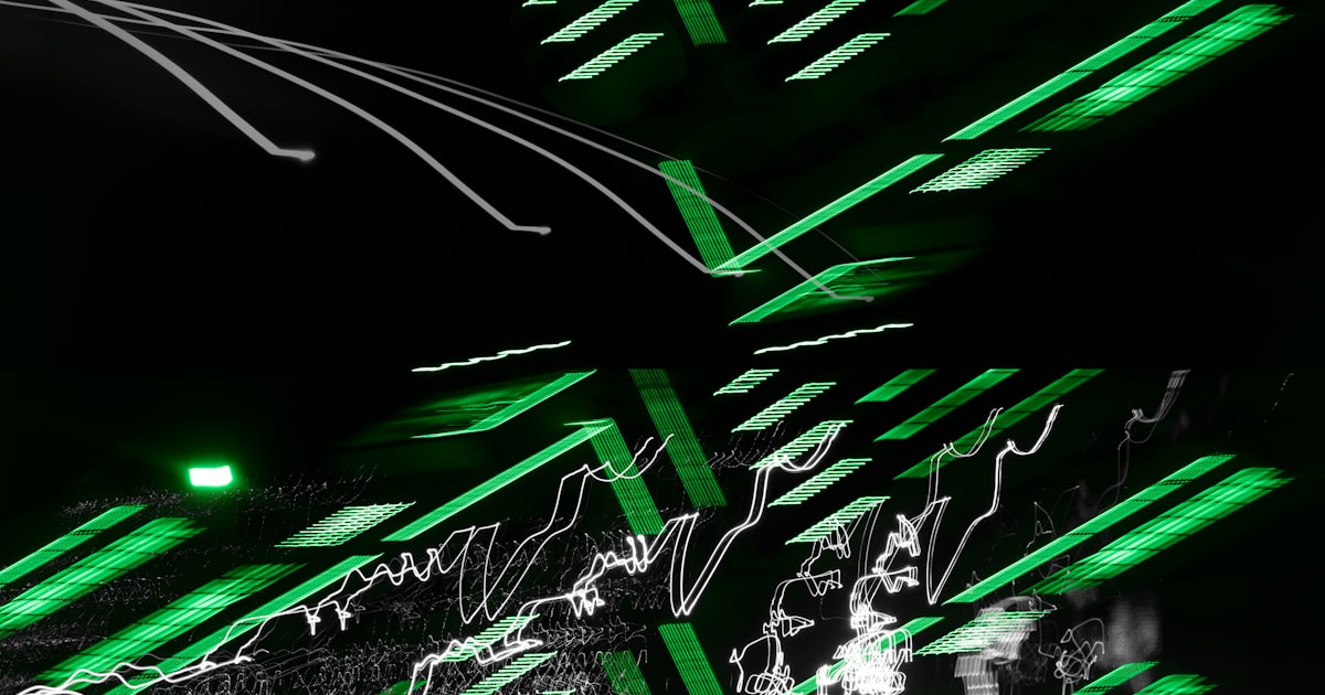 a black and white photo with green lights