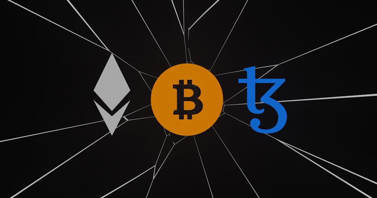 a bitcoin and ether sign are shown through a broken wheel