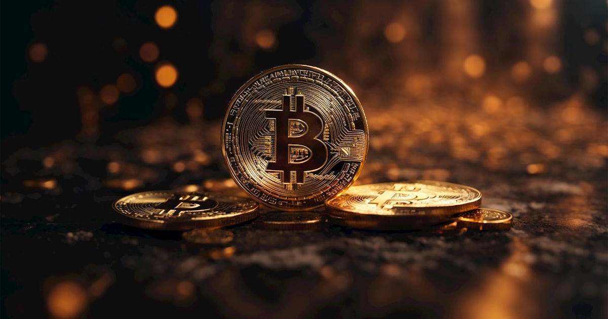 a bitcoin sitting on top of a pile of gold coins
