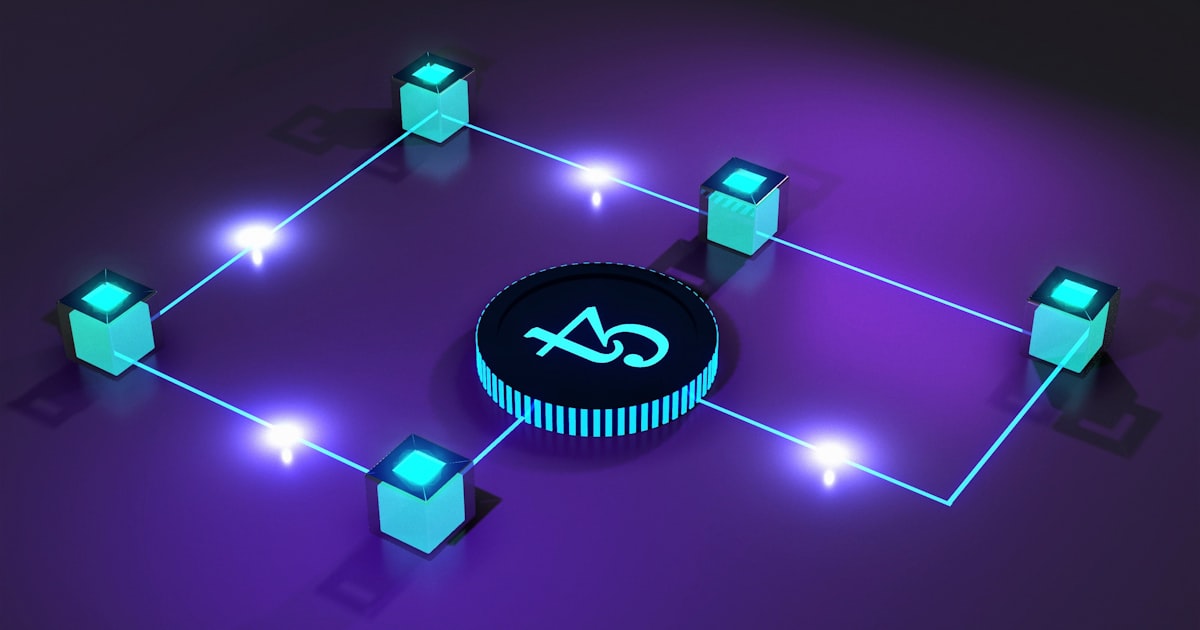 a purple background with a black and blue circle surrounded by blue and green cubes