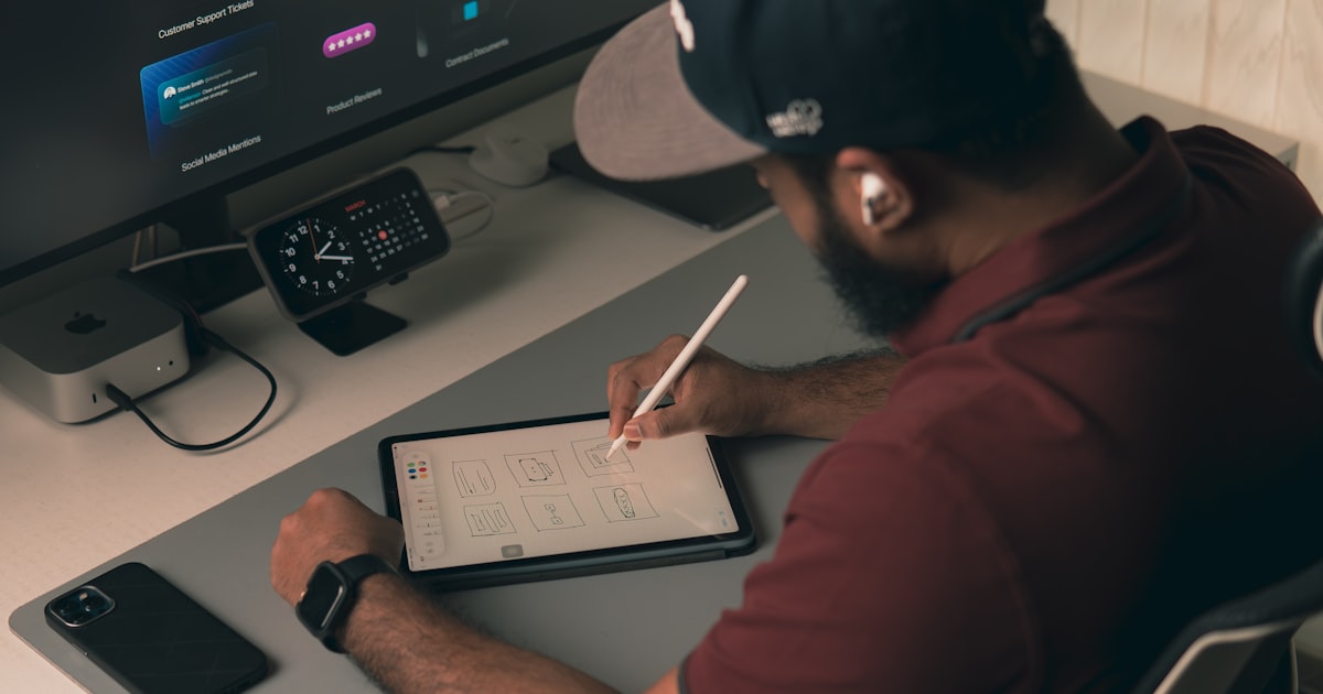 Man working at a desk with computer and tablet