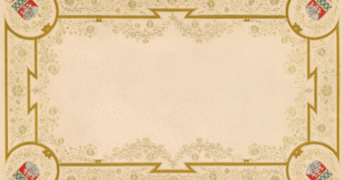 Ornate gold border with crests on a cream background.