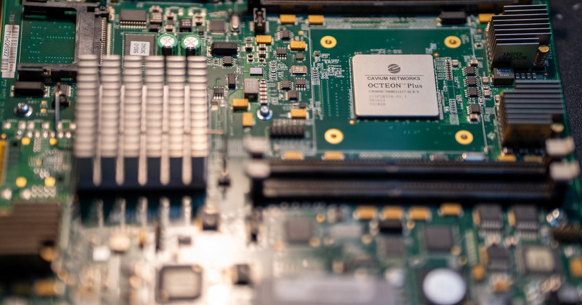 Electronic circuit board with various components.