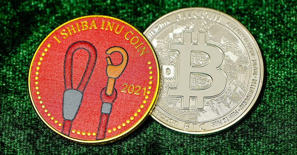 a bitcoin and a coin sitting on a green surface