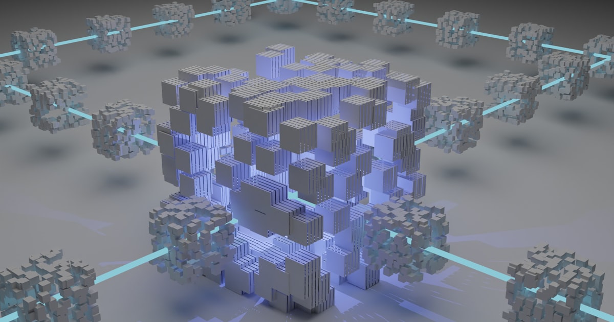 a computer generated image of a cube surrounded by smaller cubes