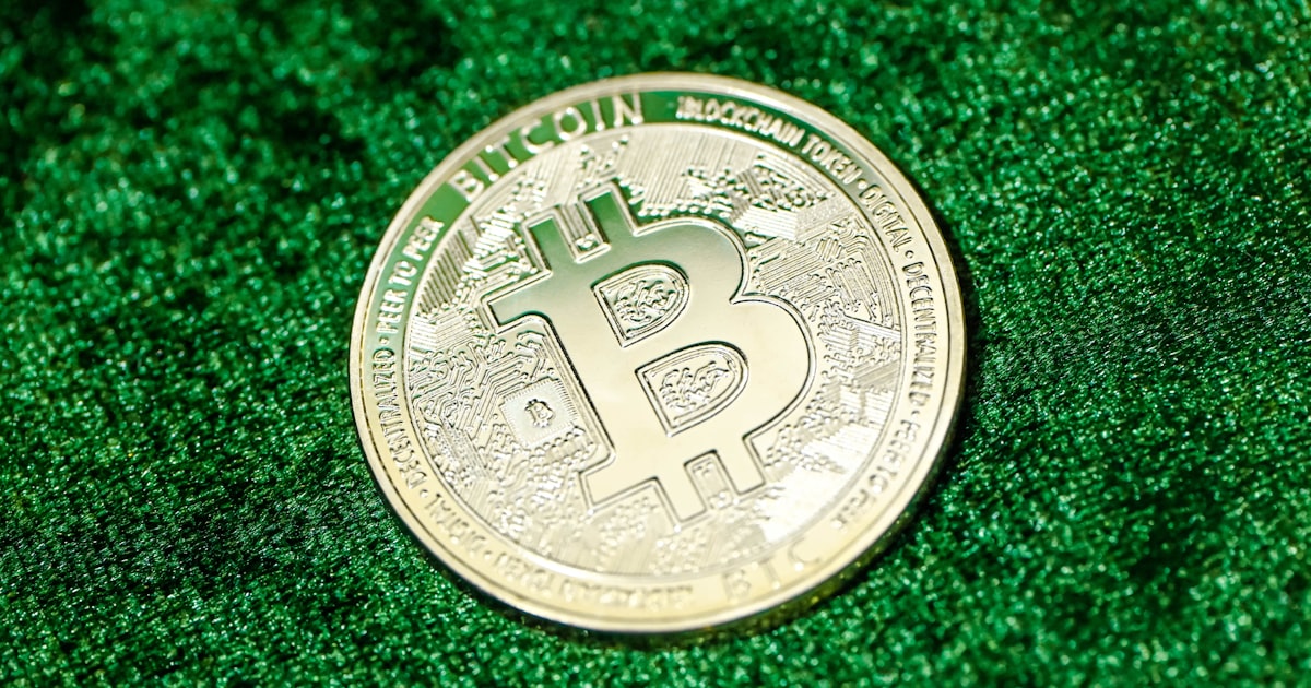 a bit coin sitting on top of a green surface