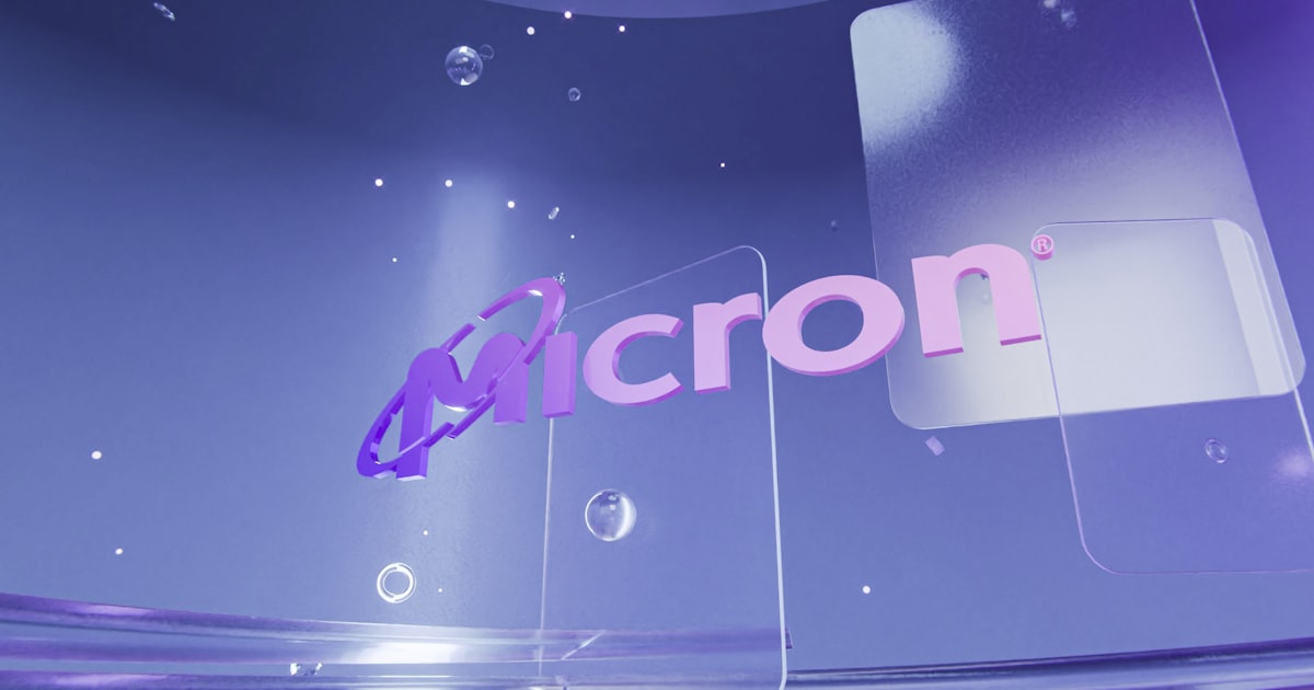 Purple micron logo with abstract glass and bubbles.