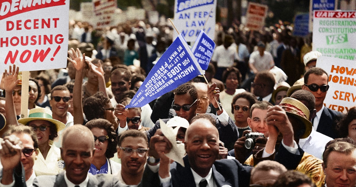 A crowd of demonstrators march during the Civil Rights March on Washington