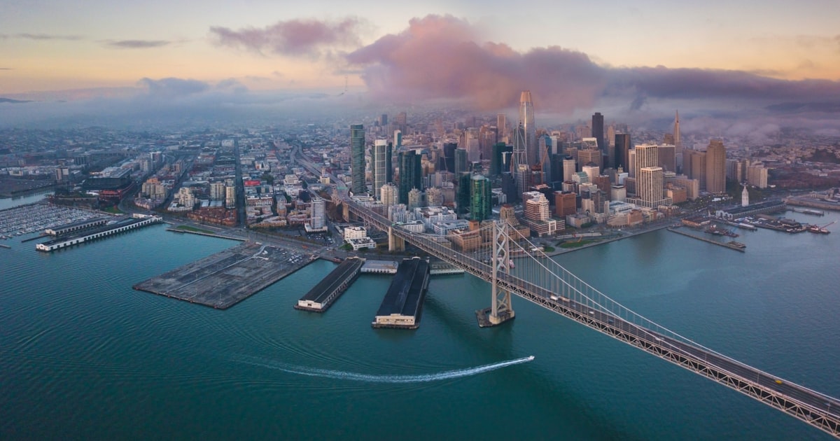 San francisco cityscape and bay at sunrise