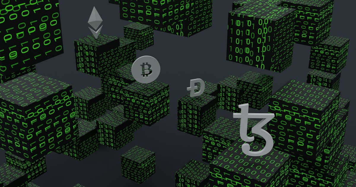 a bunch of cubes with bitcoin symbols on them