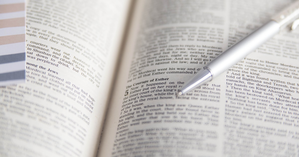 A silver pen rests on an open book.