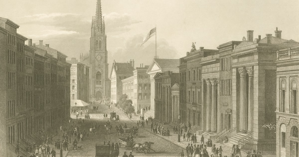 A bustling street scene with horse-drawn carriages and pedestrians.
