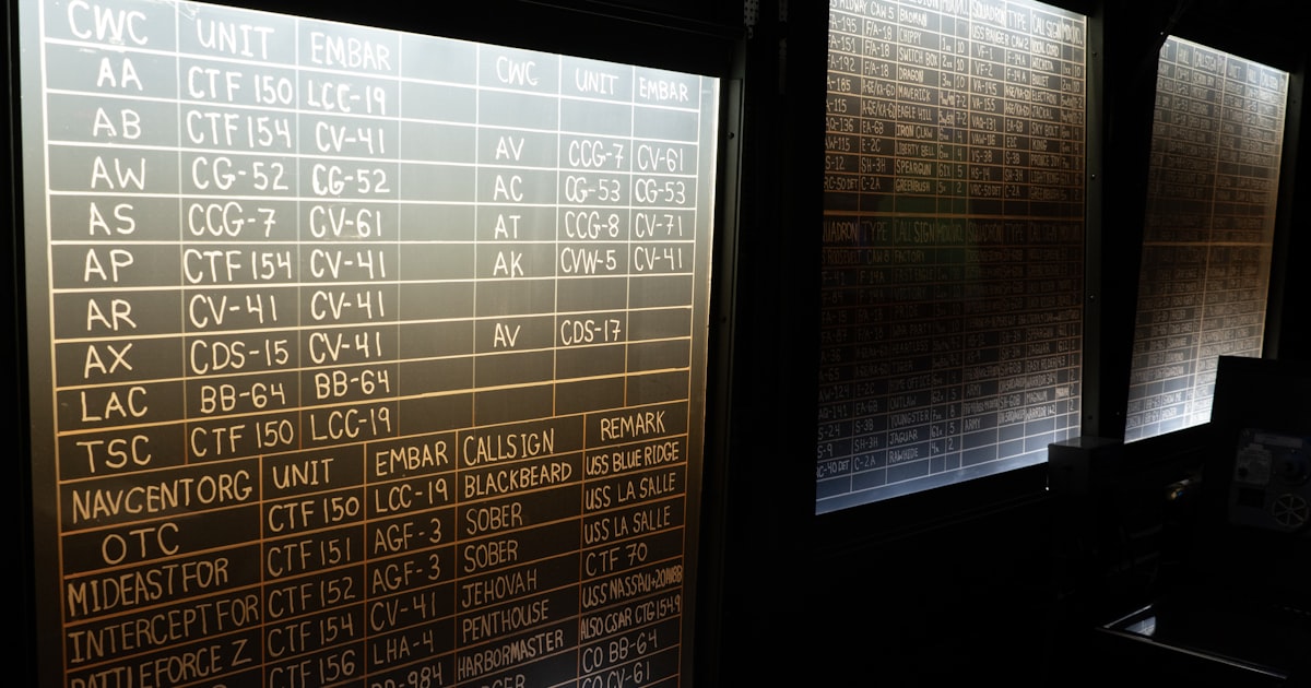 Rows of data displayed on illuminated screens.