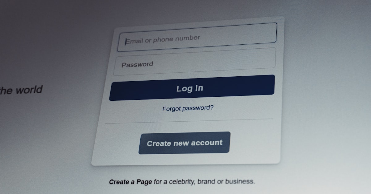 Facebook login screen with email and password fields