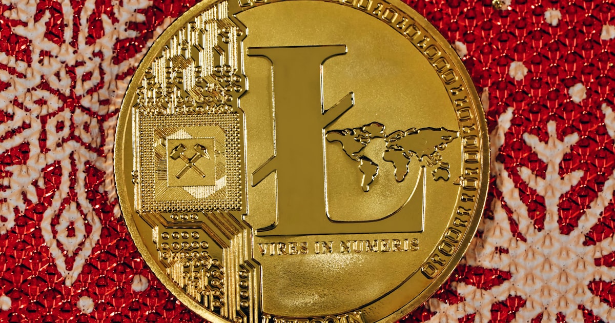 a close up of a gold coin on a red background
