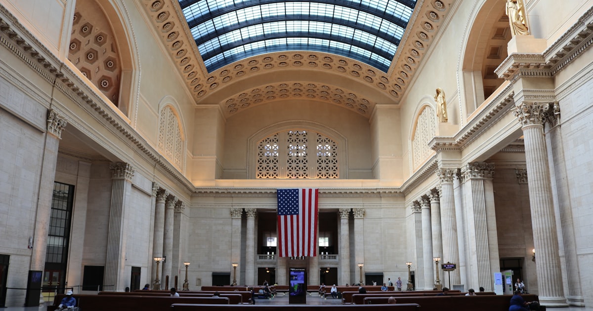 a large church with a flag