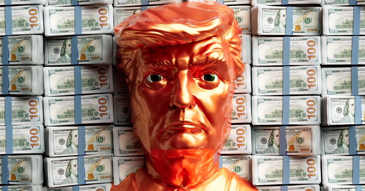 A golden trump head stands before stacks of money.