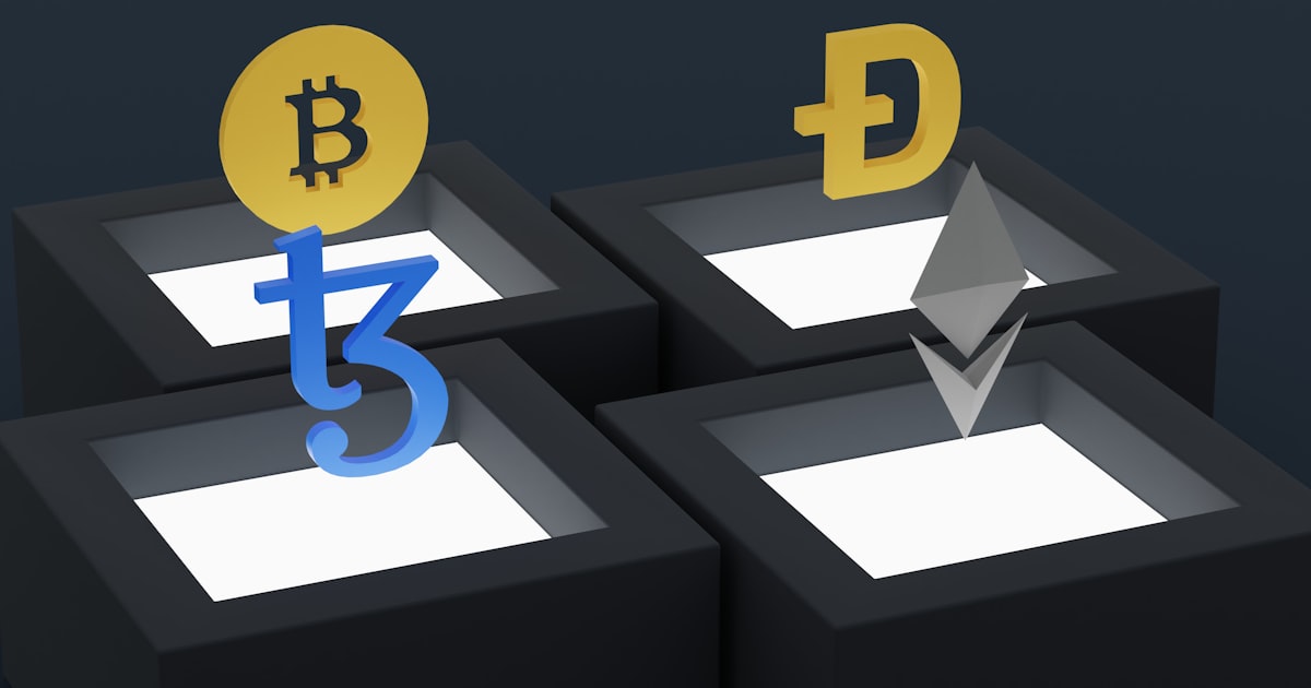 three blocks with bitcoins and arrows on them