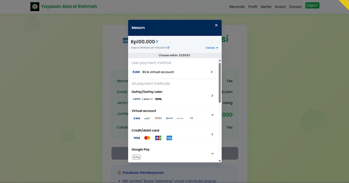 Online payment form with credit card options displayed.