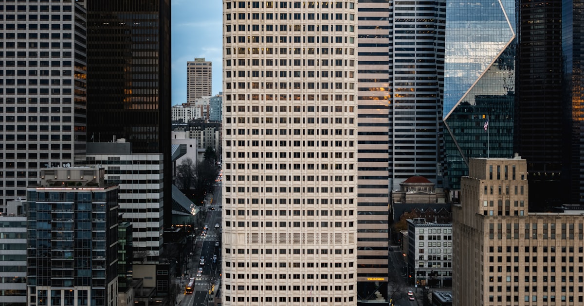 Tall buildings in a dense urban cityscape