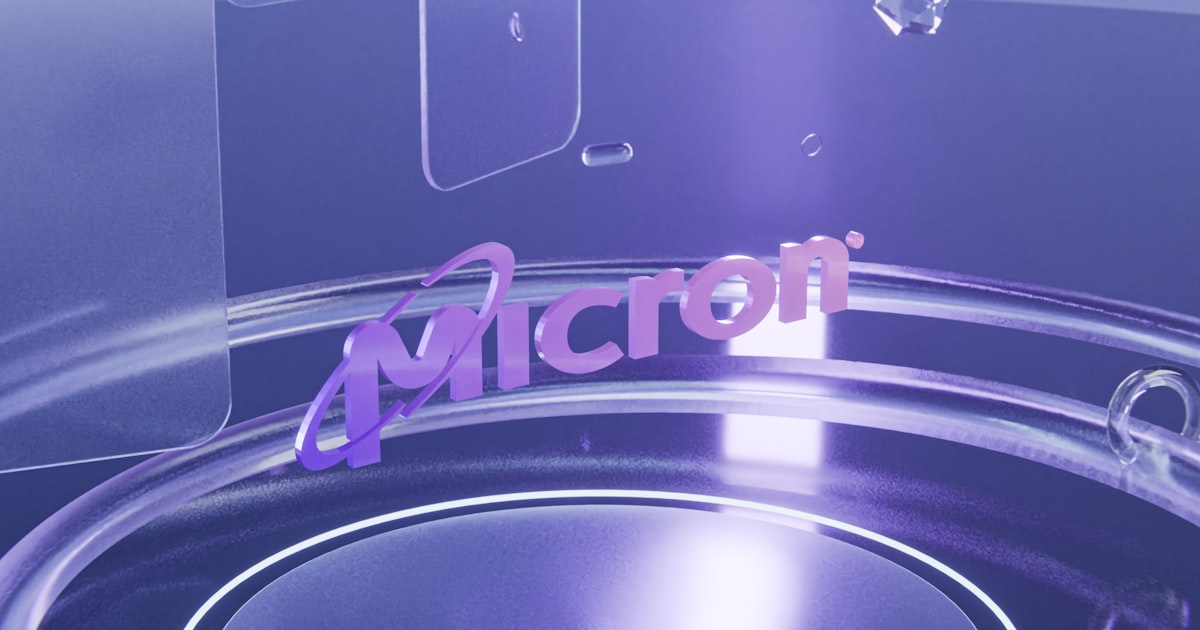 The micron logo floats in a futuristic, glossy, purple environment.