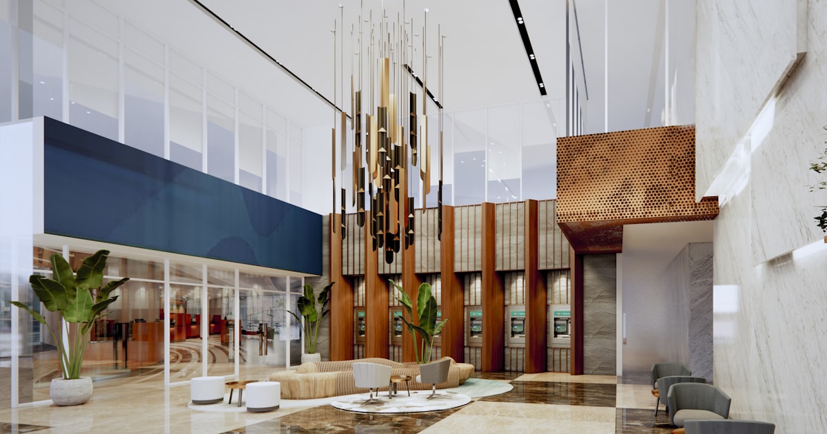 Modern lobby with contemporary art installation and seating area