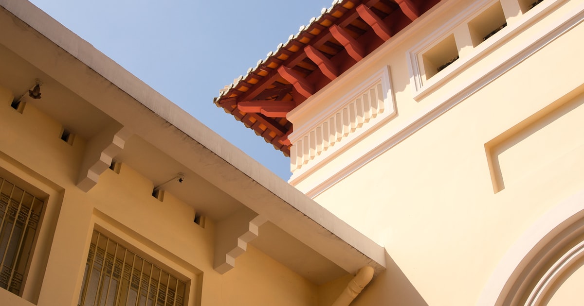 Building exteriors with interesting architectural features are shown.