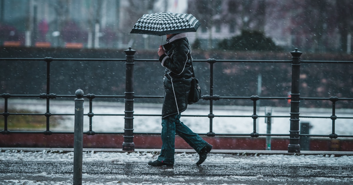 person in black jacket and blue denim jeans holding umbrella walking on snow covered road during