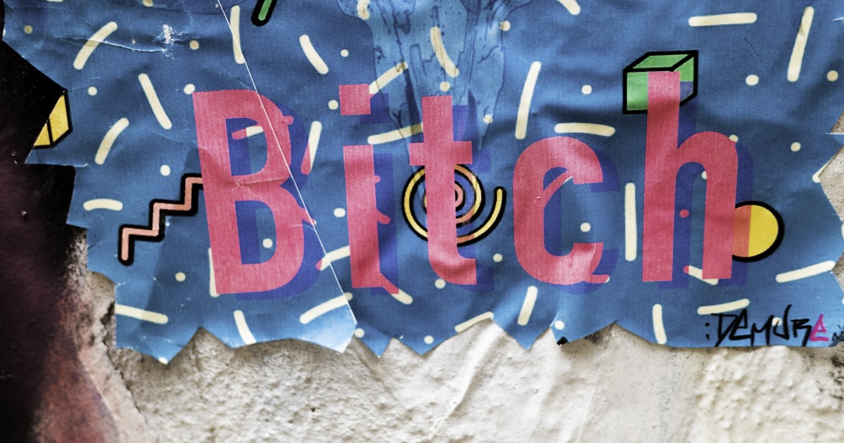 Bright blue fabric with pink letters spelling bitch.