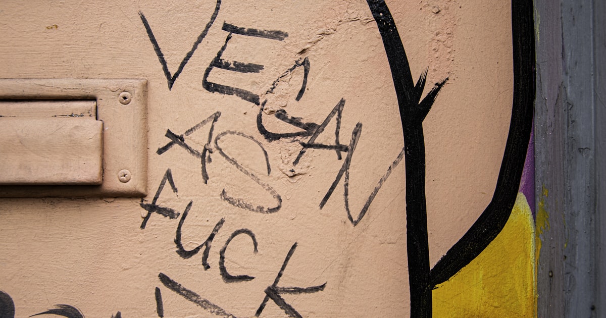 Graffiti 'vegan as fuck' on a peach-colored wall.