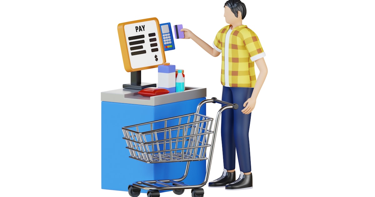 Person paying at a grocery store checkout with cart