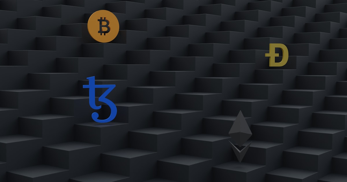 a bunch of different types of bitcoins on a black background