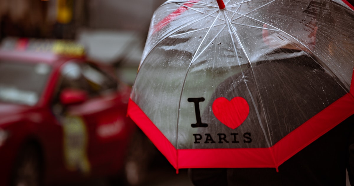 Clear umbrella with "i love paris" text and red trim