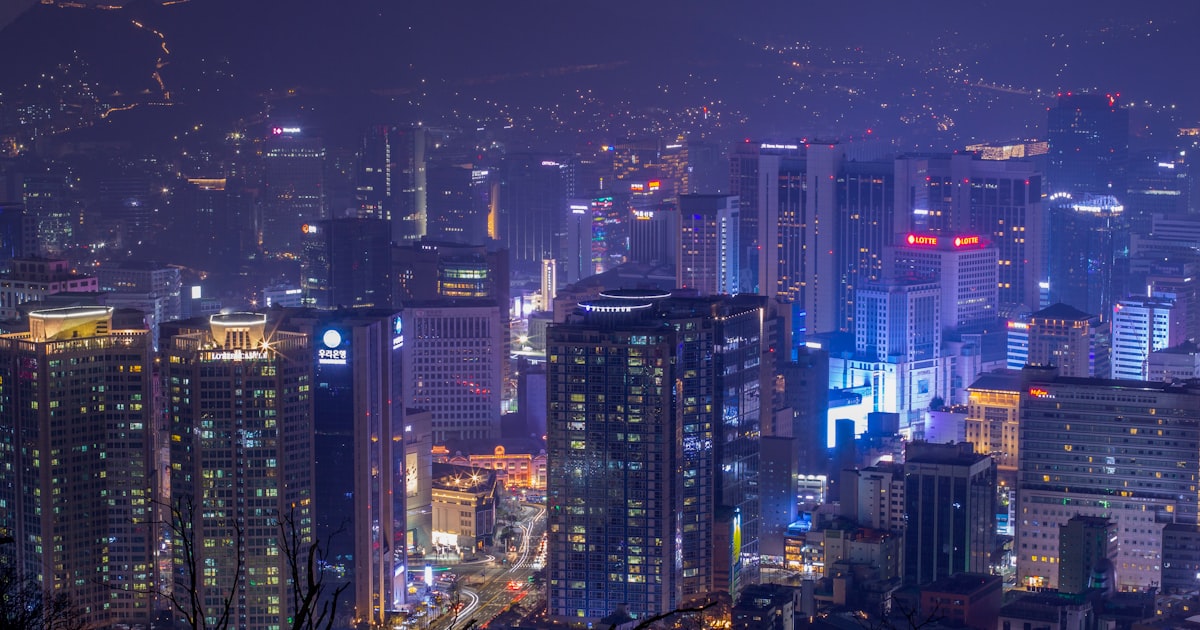 city with high rise buildings during night time