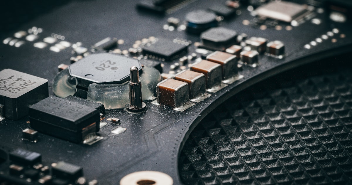 Close-up of a complex electronic circuit board with many components.