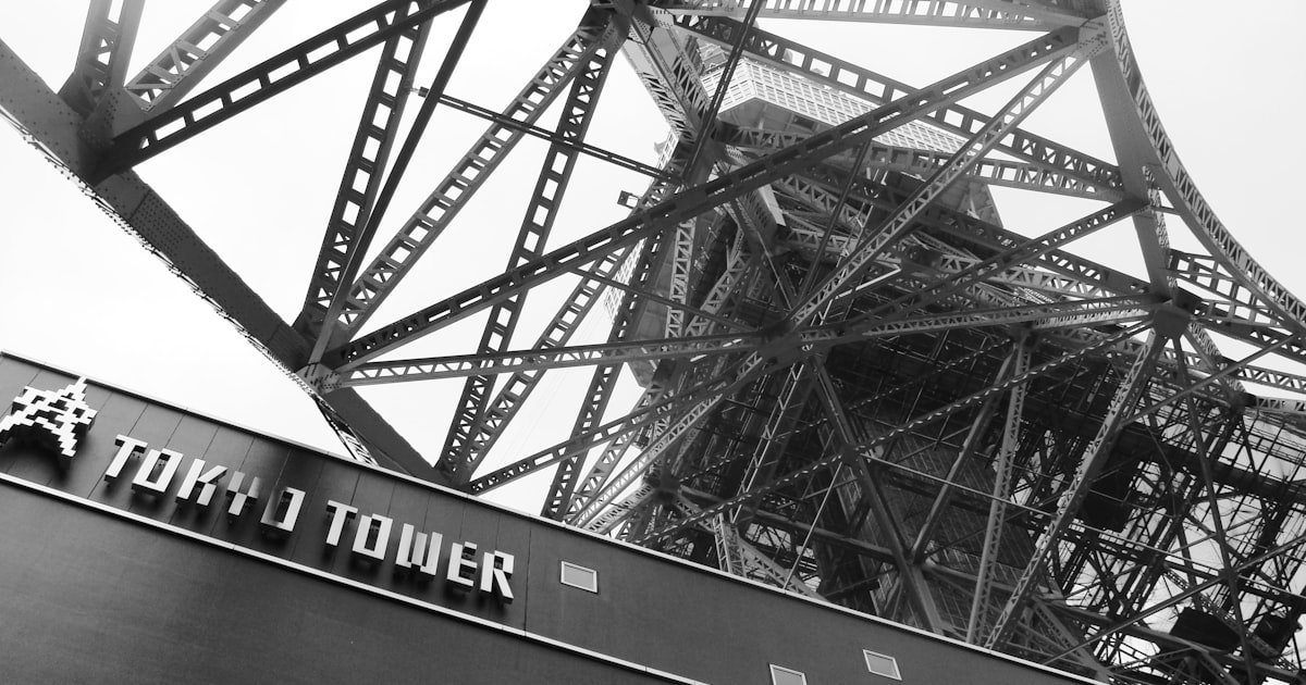 grayscale photo of metal bridge