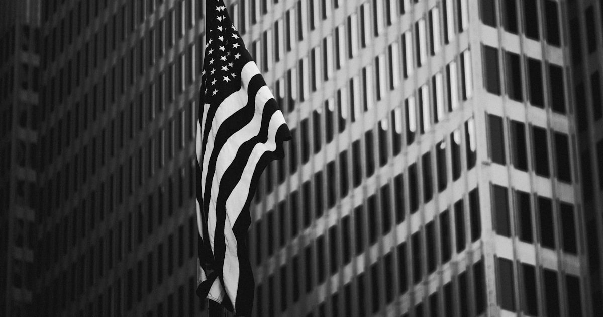 grayscale photography of flag of US