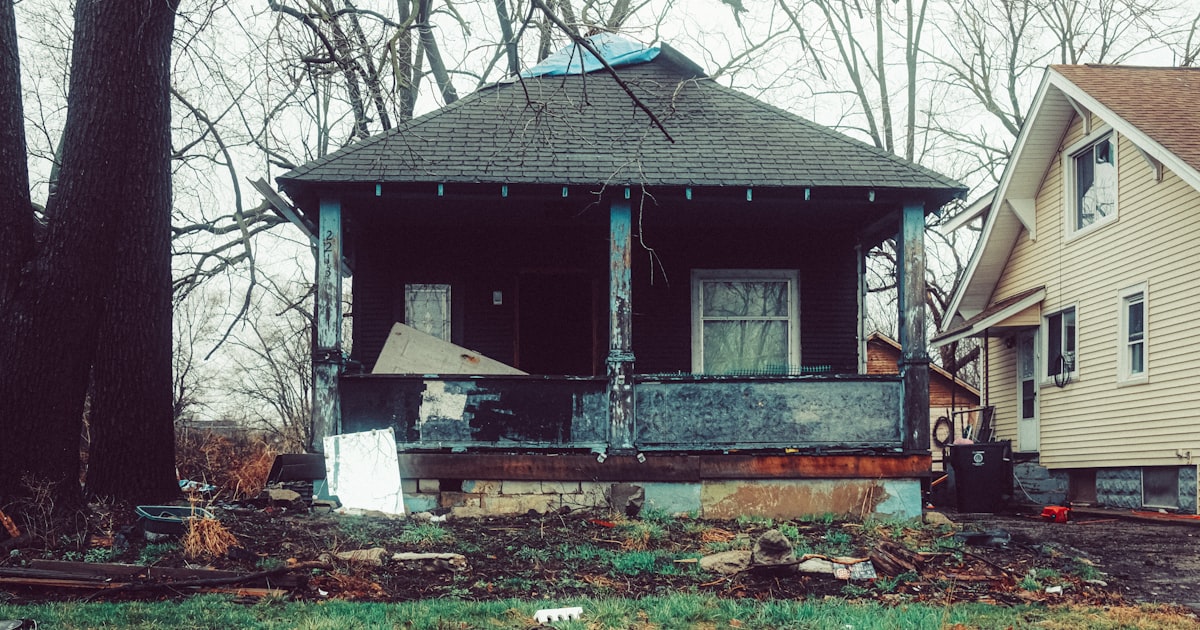 An abandoned house stands amid overgrown foliage.