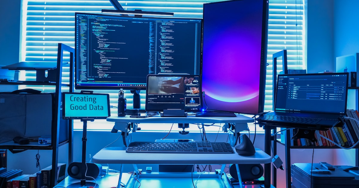 a desk with several computers
