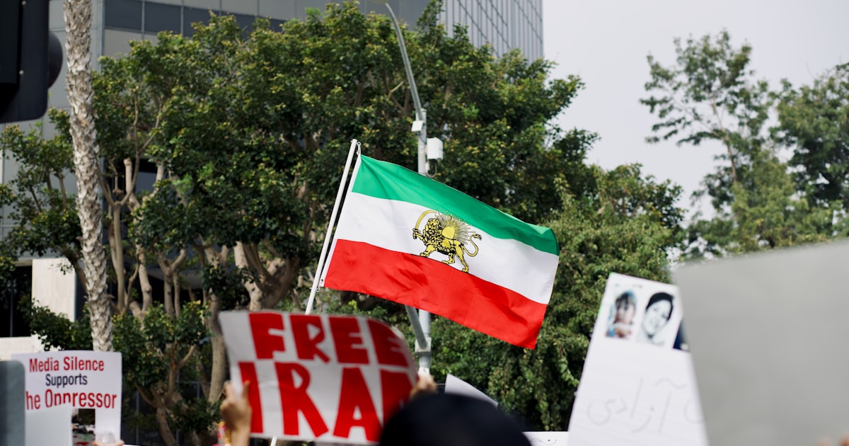 a group of people holding signs and flags