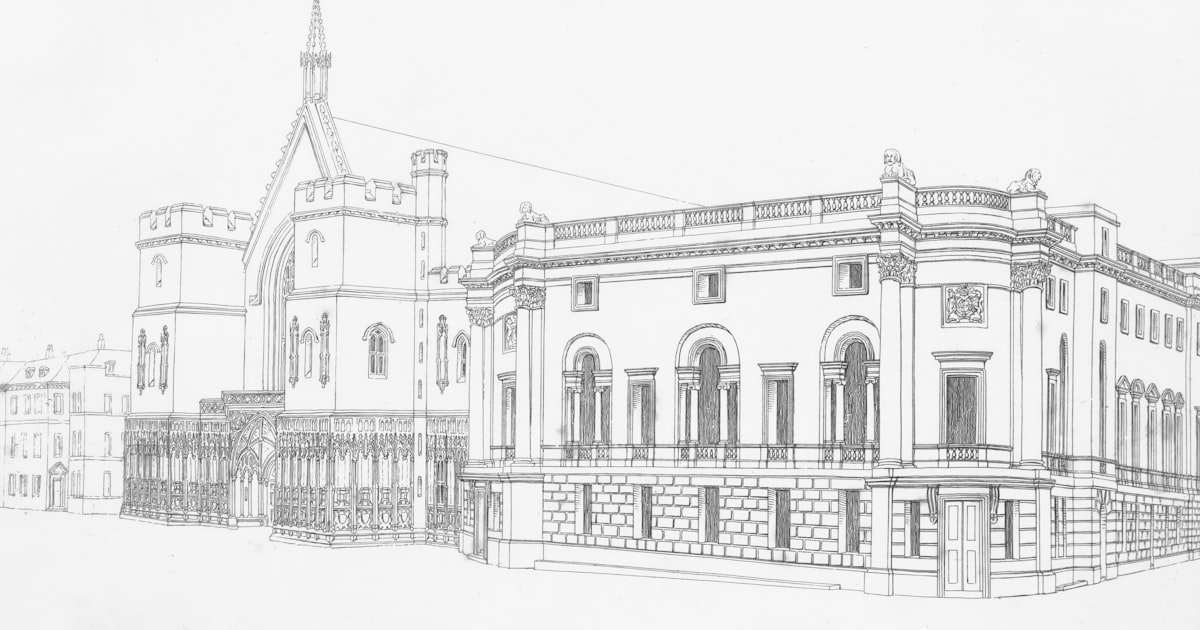 Architectural sketch of a grand building with ornate details.
