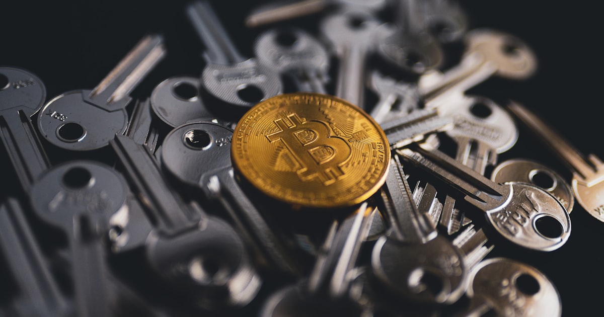 a pile of keys with a bitcoin on top of them