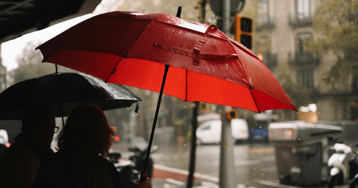 A person holding a red umbrella in the rain